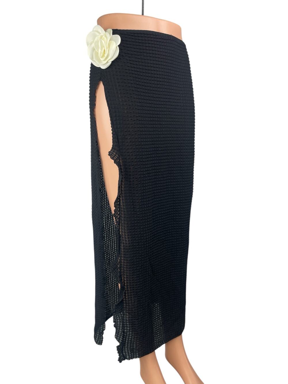 Women's Black Flower High Slit Sheer Midi Beach Swim Cover Up Skirt Size S/M